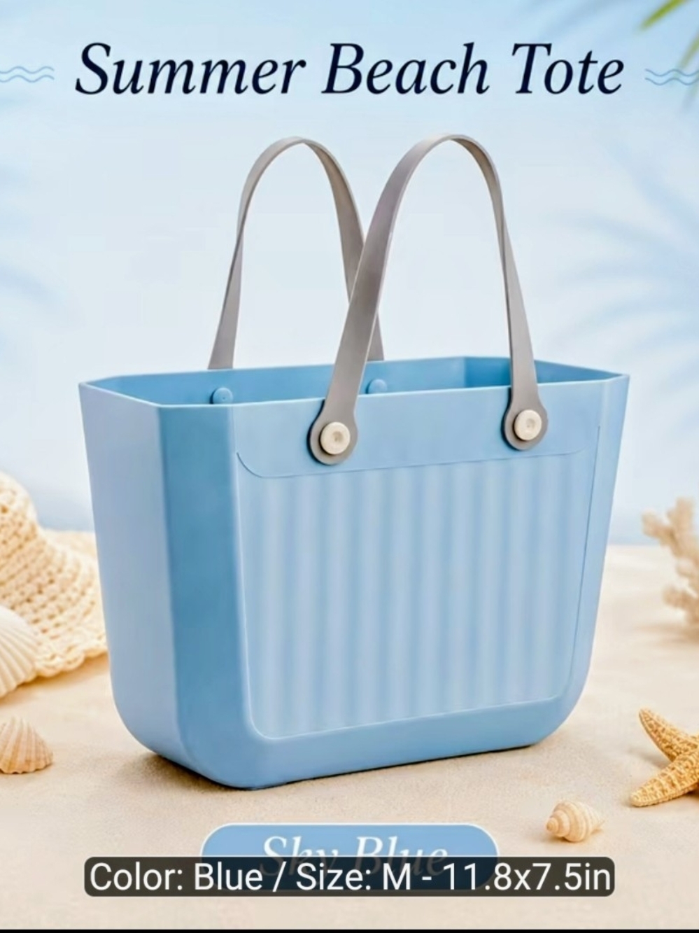 Sky Blue Ribbed Tote with Gray Handles